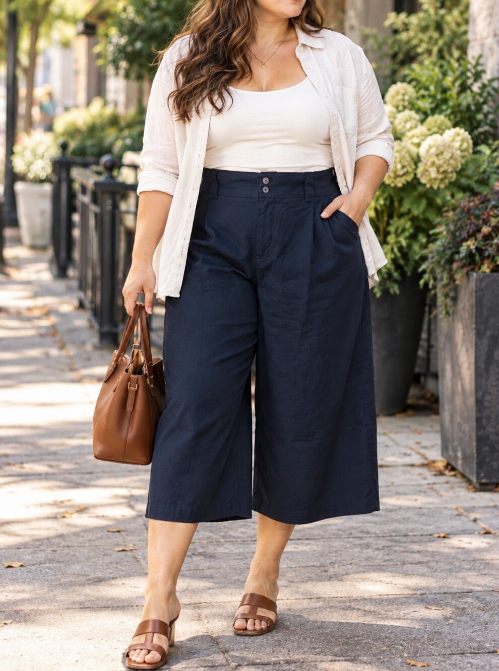 Simons Contemporaine Plus Size Navy Blue Wide Leg Cropped Pants Rayon Blend